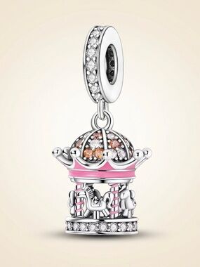 S925 Silver Carousel Charm Pink Enamel CZ Dangle Pandora Fit Birthday Gift